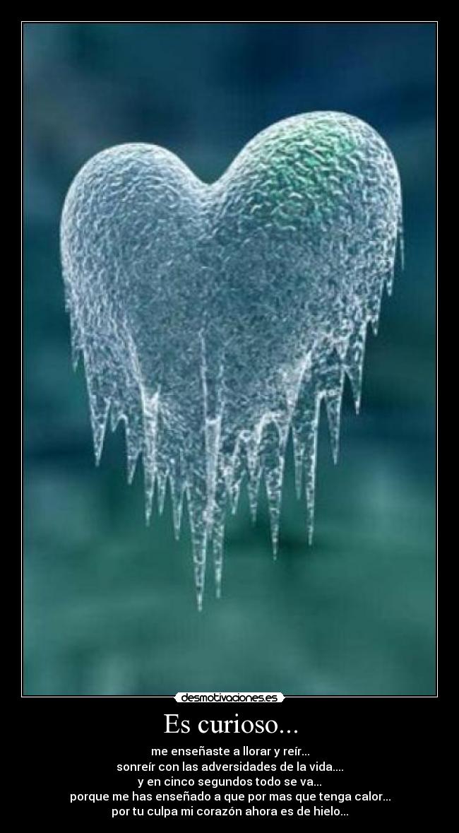 Es curioso... - me enseñaste a llorar y reír...
sonreír con las adversidades de la vida....
y en cinco segundos todo se va...
porque me has enseñado a que por mas que tenga calor...
por tu culpa mi corazón ahora es de hielo...