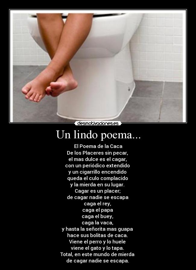 Un lindo poema... - El Poema de la Caca
De los Placeres sin pecar, 
el mas dulce es el cagar, 
con un periódico extendido 
y un cigarrillo encendido 
queda el culo complacido 
y la mierda en su lugar. 
Cagar es un placer; 
de cagar nadie se escapa 
caga el rey, 
caga el papa 
caga el buey, 
caga la vaca, 
y hasta la señorita mas guapa 
hace sus bolitas de caca. 
Viene el perro y lo huele 
viene el gato y lo tapa. 
Total, en este mundo de mierda 
de cagar nadie se escapa. 