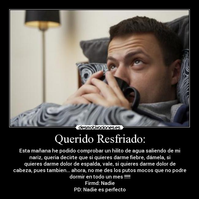 Querido Resfriado: - Esta mañana he podido comprobar un hilito de agua saliendo de mi
nariz, queria decirte que si quieres darme fiebre, dámela, si
quieres darme dolor de espalda, vale, si quieres darme dolor de
cabeza, pues tambien... ahora, no me des los putos mocos que no podre
dormir en todo un mes !!!!!
Firmd: Nadie
PD: Nadie es perfecto