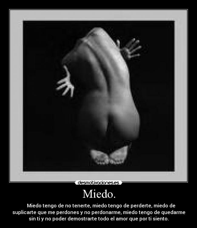 Miedo. - Miedo tengo de no tenerte, miedo tengo de perderte, miedo de
suplicarte que me perdones y no perdonarme, miedo tengo de quedarme
sin ti y no poder demostrarte todo el amor que por ti siento.