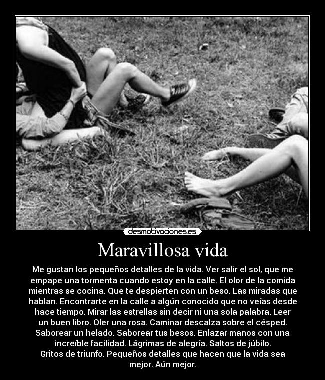 Maravillosa vida - Me gustan los pequeños detalles de la vida. Ver salir el sol, que me
empape una tormenta cuando estoy en la calle. El olor de la comida
mientras se cocina. Que te despierten con un beso. Las miradas que
hablan. Encontrarte en la calle a algún conocido que no veías desde
hace tiempo. Mirar las estrellas sin decir ni una sola palabra. Leer
un buen libro. Oler una rosa. Caminar descalza sobre el césped.
Saborear un helado. Saborear tus besos. Enlazar manos con una
increíble facilidad. Lágrimas de alegría. Saltos de júbilo.
Gritos de triunfo. Pequeños detalles que hacen que la vida sea
mejor. Aún mejor.