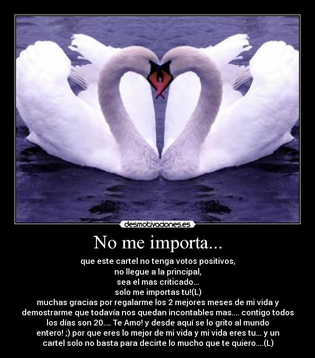 No me importa... - que este cartel no tenga votos positivos,
no llegue a la principal,
sea el mas criticado...
solo me importas tu!(L)
muchas gracias por regalarme los 2 mejores meses de mi vida y
demostrarme que todavía nos quedan incontables mas.... contigo todos
los días son 20.... Te Amo! y desde aquí se lo grito al mundo
entero! ;) por que eres lo mejor de mi vida y mi vida eres tu... y un
cartel solo no basta para decirte lo mucho que te quiero....(L)