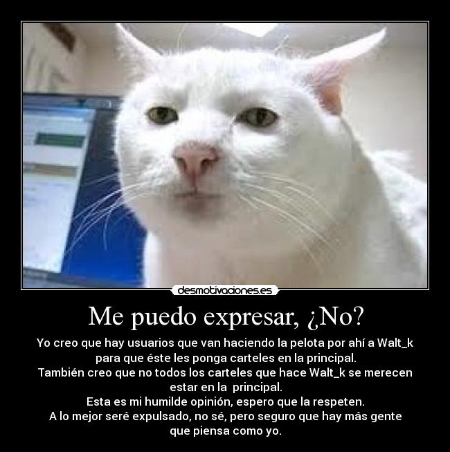 Me puedo expresar, ¿No? - Yo creo que hay usuarios que van haciendo la pelota por ahí a Walt_k
para que éste les ponga carteles en la principal.
También creo que no todos los carteles que hace Walt_k se merecen
estar en la principal.
Esta es mi humilde opinión, espero que la respeten.
A lo mejor seré expulsado, no sé, pero seguro que hay más gente
que piensa como yo.