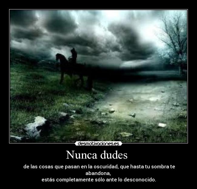 Nunca dudes  -  de las cosas que pasan en la oscuridad, que hasta tu sombra te abandona, 
estás completamente sólo ante lo desconocido.