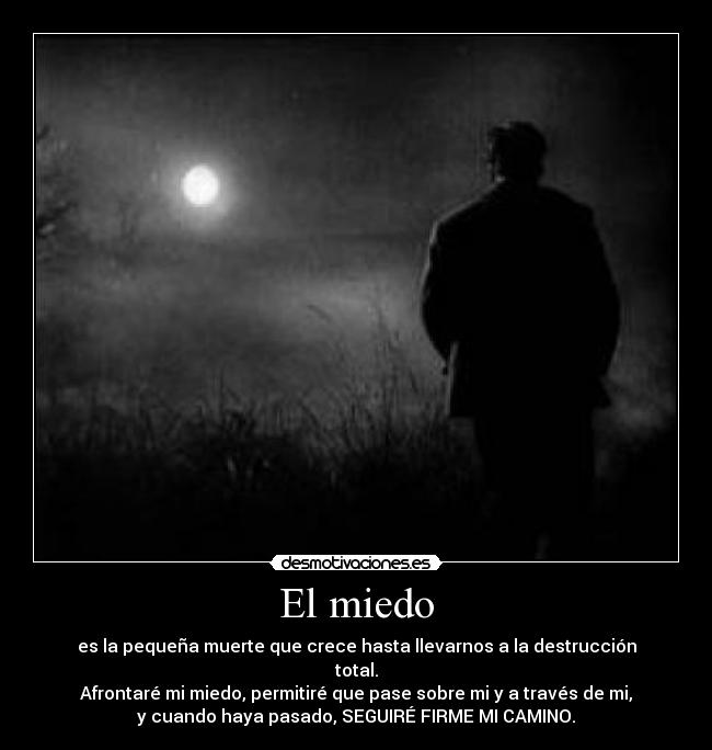 El miedo - es la pequeña muerte que crece hasta llevarnos a la destrucción
total.
Afrontaré mi miedo, permitiré que pase sobre mi y a través de mi,
y cuando haya pasado, SEGUIRÉ FIRME MI CAMINO.