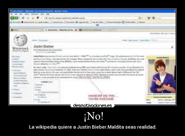 ¡No! - La wikipedia quiere a Justin Bieber.Maldita seas realidad.