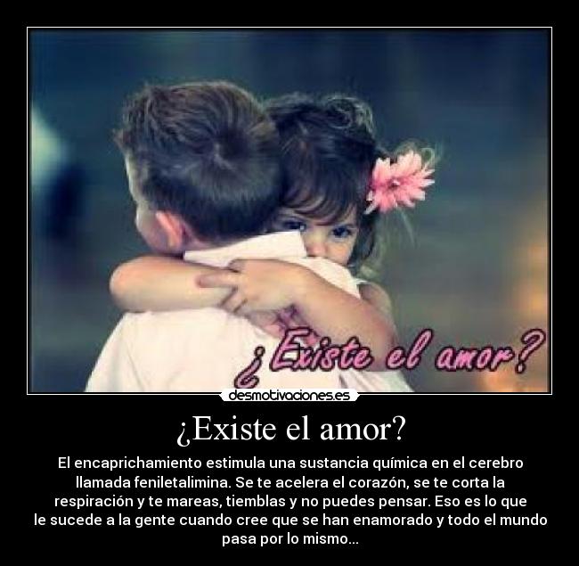 ¿Existe el amor? - El encaprichamiento estimula una sustancia química en el cerebro
llamada feniletalimina. Se te acelera el corazón, se te corta la
respiración y te mareas, tiemblas y no puedes pensar. Eso es lo que
le sucede a la gente cuando cree que se han enamorado y todo el mundo
pasa por lo mismo...