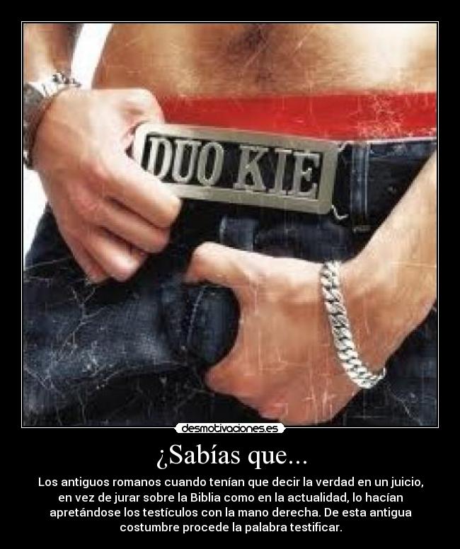 ¿Sabías que... - Los antiguos romanos cuando tenían que decir la verdad en un juicio,
en vez de jurar sobre la Biblia como en la actualidad, lo hacían
apretándose los testículos con la mano derecha. De esta antigua
costumbre procede la palabra testificar.