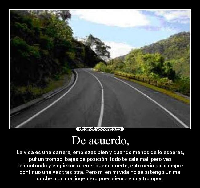 De acuerdo, - La vida es una carrera, empiezas bien y cuando menos de lo esperas,
puf un trompo, bajas de posición, todo te sale mal, pero vas
remontando y empiezas a tener buena suerte, esto seria así siempre
continuo una vez tras otra. Pero mi en mi vida no se si tengo un mal
coche o un mal ingeniero pues siempre doy trompos.