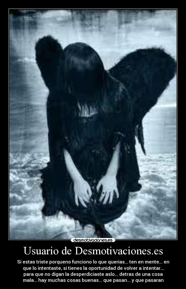 Usuario de Desmotivaciones.es - Si estas triste porqueno funciono lo que querias... ten en mente... en
que lo intentaste, si tienes la oportunidad de volver a intentar...
para que no digan la desperdiciaste aslo... detras de una cosa
mala... hay muchas cosas buenas... que pasan... y que pasaran