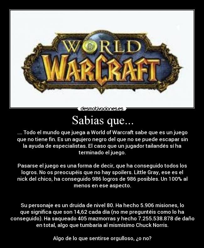 Sabias que... - .... Todo el mundo que juega a World of Warcraft sabe que es un juego
que no tiene fin. Es un agujero negro del que no se puede escapar sin
la ayuda de especialistas. El caso que un jugador tailandés sí ha
terminado el juego.

Pasarse el juego es una forma de decir, que ha conseguido todos los
logros. No os preocupéis que no hay spoilers. Little Gray, ese es el
nick del chico, ha conseguido 986 logros de 986 posibles. Un 100% al
menos en ese aspecto.


Su personaje es un druida de nivel 80. Ha hecho 5.906 misiones, lo
que significa que son 14,62 cada día (no me preguntéis como lo ha
conseguido). Ha saqueado 405 mazmorras y hecho 7.255.538.878 de daño
en total, algo que tumbaría al mismísimo Chuck Norris.

Algo de lo que sentirse orgulloso, ¿o no?