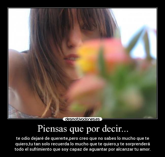 Piensas que por decir... - te odio dejaré de quererte,pero creo que no sabes lo mucho que te
quiero,tu tan solo recuerda lo mucho que te quiero,y te sorprenderá
todo el sufrimiento que soy capaz de aguantar por alcanzar tu amor.