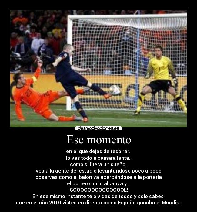 Ese momento - en el que dejas de respirar..
lo ves todo a camara lenta..
como si fuera un sueño..
ves a la gente del estadio levántandose poco a poco
observas como el balón va acercándose a la portería
el portero no lo alcanza y...
GOOOOOOOOOOOOOOL!
En ese mismo instante te olvidas de todoo y solo sabes 
que en el año 2010 vistes en directo como España ganaba el Mundial.