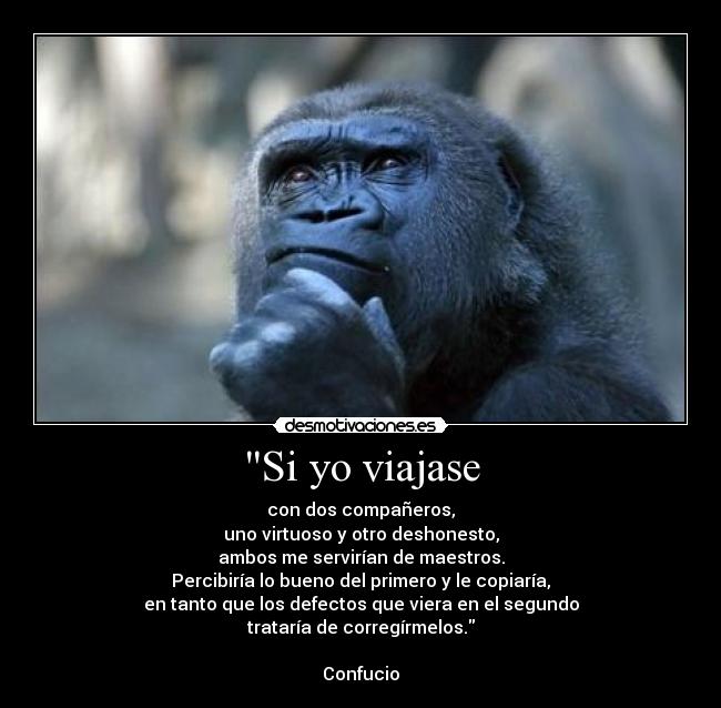 Si yo viajase - con dos compañeros,
uno virtuoso y otro deshonesto,
ambos me servirían de maestros.
Percibiría lo bueno del primero y le copiaría,
en tanto que los defectos que viera en el segundo
trataría de corregírmelos.
Confucio