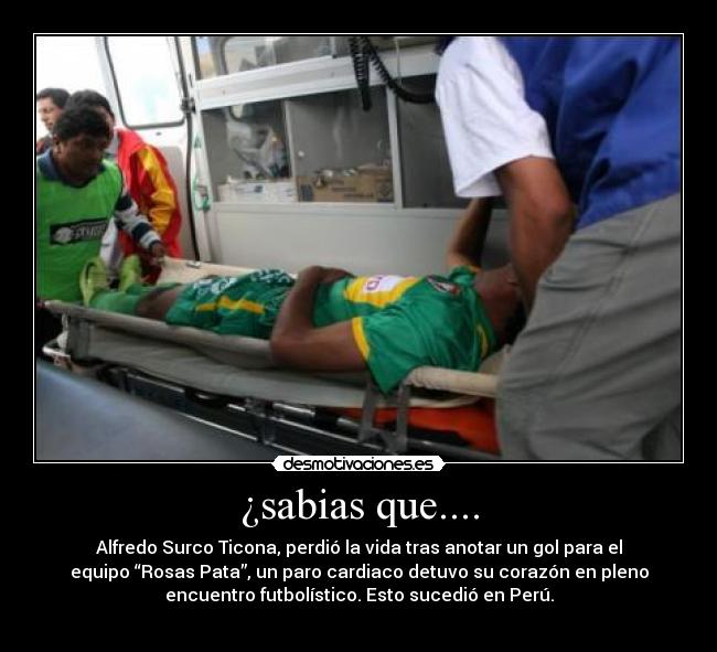¿sabias que.... - Alfredo Surco Ticona, perdió la vida tras anotar un gol para el
equipo “Rosas Pata”, un paro cardiaco detuvo su corazón en pleno
encuentro futbolístico. Esto sucedió en Perú.
