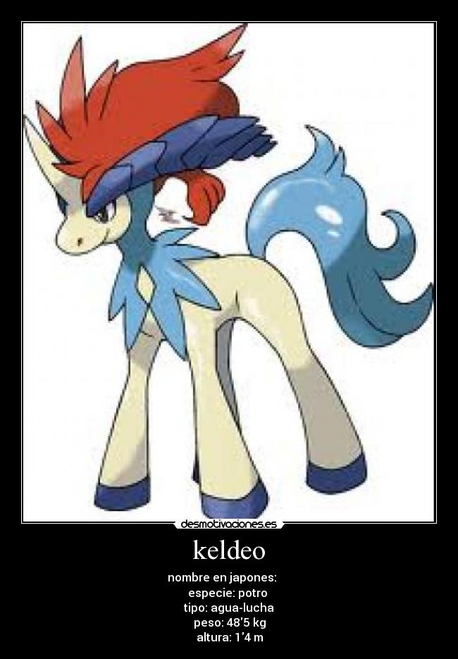keldeo - nombre en japones: ケルディオ
especie: potro
tipo: agua-lucha
peso: 485 kg
altura: 14 m