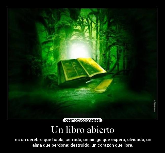 Un libro abierto - es un cerebro que habla; cerrado, un amigo que espera; olvidado, un
alma que perdona; destruido, un corazón que llora.