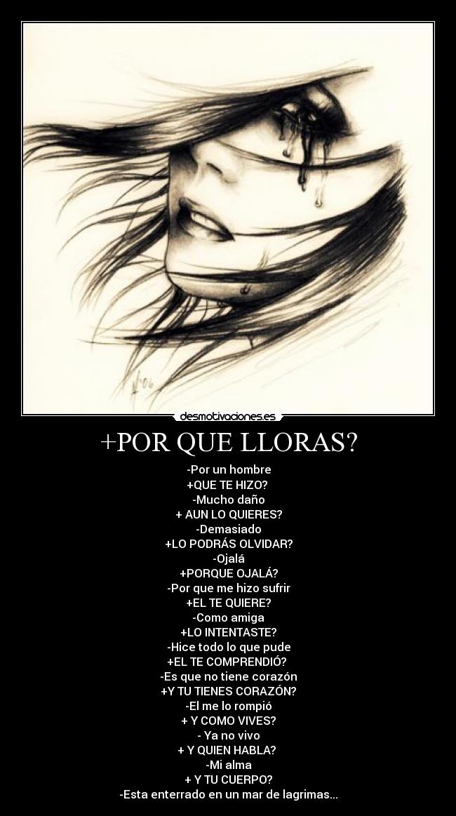 +POR QUE LLORAS? - -Por un hombre
+QUE TE HIZO? 
-Mucho daño
+ AUN LO QUIERES?
-Demasiado
+LO PODRÁS OLVIDAR?
-Ojalá
+PORQUE OJALÁ?
-Por que me hizo sufrir
+EL TE QUIERE?
-Como amiga
+LO INTENTASTE?
-Hice todo lo que pude
+EL TE COMPRENDIÓ? 
-Es que no tiene corazón
+Y TU TIENES CORAZÓN?
-El me lo rompió
+ Y COMO VIVES?
- Ya no vivo
+ Y QUIEN HABLA? 
-Mi alma
+ Y TU CUERPO?
-Esta enterrado en un mar de lagrimas...