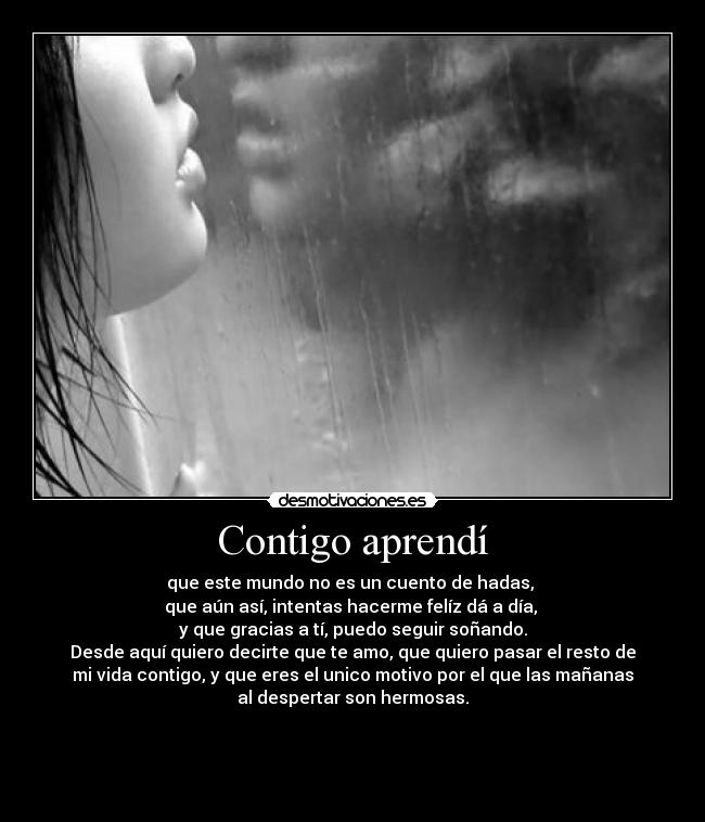 Contigo aprendí - que este mundo no es un cuento de hadas,
que aún así, intentas hacerme felíz dá a día,
y que gracias a tí, puedo seguir soñando.
Desde aquí quiero decirte que te amo, que quiero pasar el resto de
mi vida contigo, y que eres el unico motivo por el que las mañanas
al despertar son hermosas.