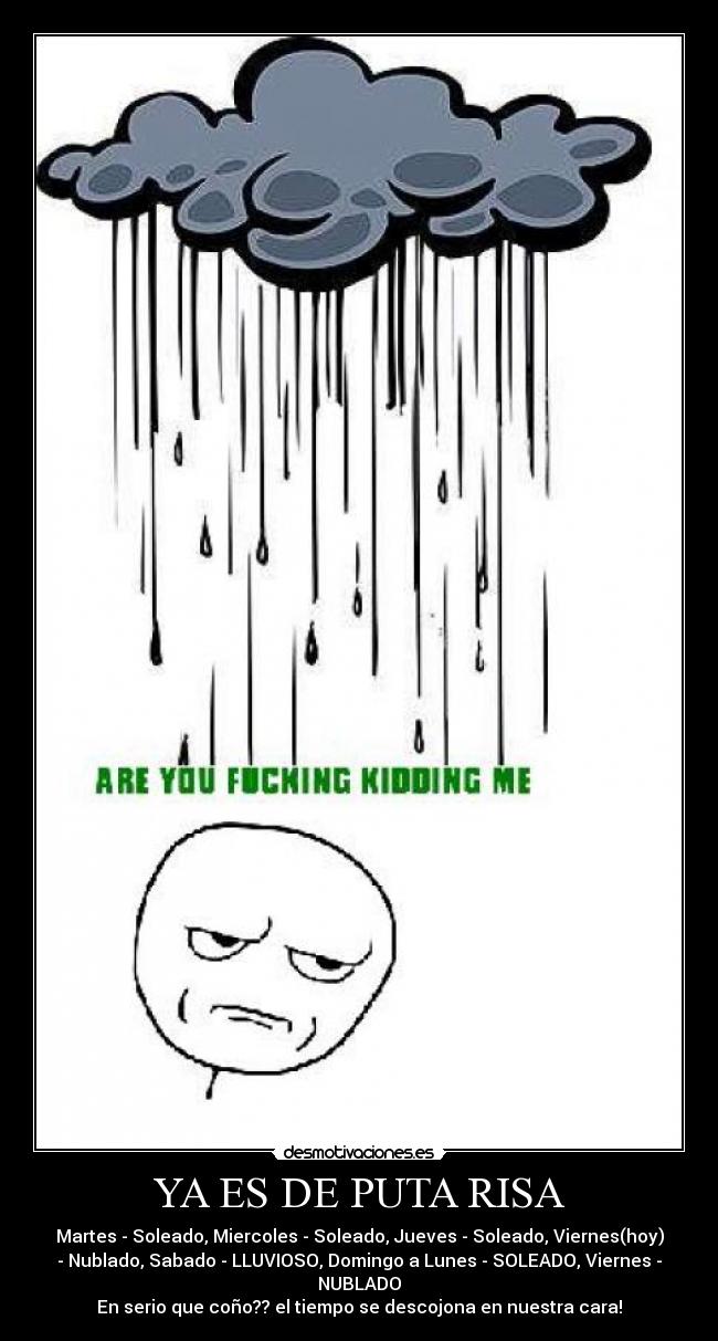 YA ES DE PUTA RISA - Martes - Soleado, Miercoles - Soleado, Jueves - Soleado, Viernes(hoy)
- Nublado, Sabado - LLUVIOSO, Domingo a Lunes - SOLEADO, Viernes -
NUBLADO
En serio que coño?? el tiempo se descojona en nuestra cara!