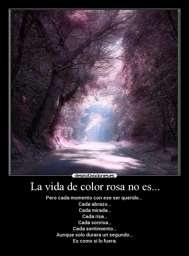 La vida de color rosa no es... - Pero cada momento con ese ser querido... 
Cada abrazo...
Cada mirada...
Cada risa...
Cada sonrisa...
Cada sentimiento...
Aunque solo durara un segundo...
Es como si lo fuera.
