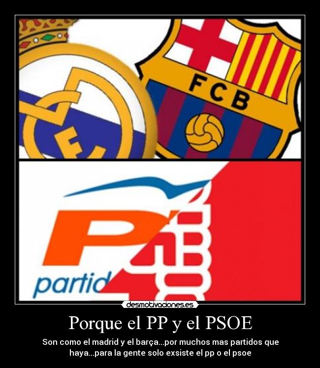 Porque el PP y el PSOE - Son como el madrid y el barça...por muchos mas partidos que
haya...para la gente solo exsiste el pp o el psoe
