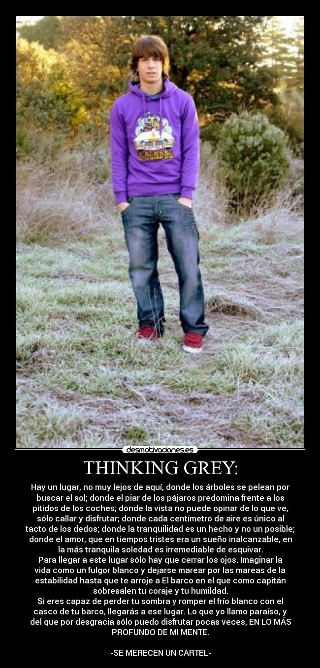 THINKING GREY: - Hay un lugar, no muy lejos de aquí, donde los árboles se pelean por
buscar el sol; donde el piar de los pájaros predomina frente a los
pitidos de los coches; donde la vista no puede opinar de lo que ve,
sólo callar y disfrutar; donde cada centímetro de aire es único al
tacto de los dedos; donde la tranquilidad es un hecho y no un posible;
donde el amor, que en tiempos tristes era un sueño inalcanzable, en
la más tranquila soledad es irremediable de esquivar.
Para llegar a este lugar sólo hay que cerrar los ojos. Imaginar la
vida como un fulgor blanco y dejarse marear por las mareas de la
estabilidad hasta que te arroje a El barco en el que como capitán
sobresalen tu coraje y tu humildad.
Si eres capaz de perder tu sombra y romper el frío blanco con el
casco de tu barco, llegarás a ese lugar. Lo que yo llamo paraíso, y
del que por desgracia sólo puedo disfrutar pocas veces, EN LO MÁS
PROFUNDO DE MI MENTE.
-SE MERECEN UN CARTEL-