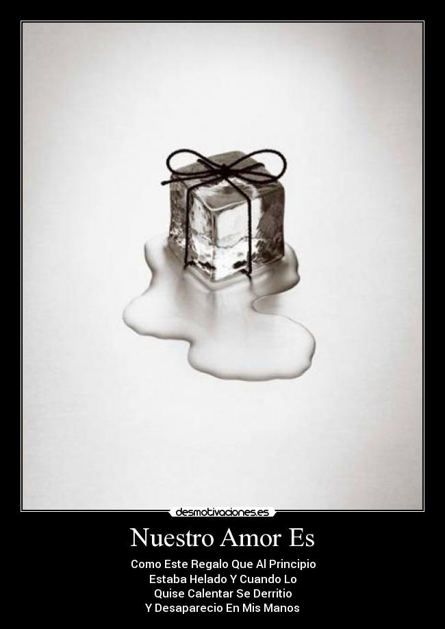 Nuestro Amor Es - Como Este Regalo Que Al Principio
Estaba Helado Y Cuando Lo
Quise Calentar Se Derritio
Y Desaparecio En Mis Manos