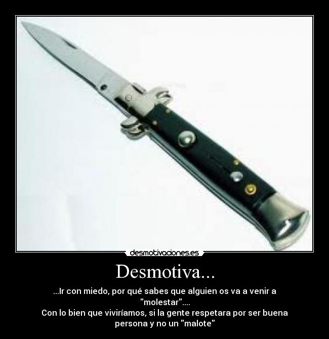 Desmotiva... - ...Ir con miedo, por qué sabes que alguien os va a venir a
molestar....
Con lo bien que viviríamos, si la gente respetara por ser buena
persona y no un malote