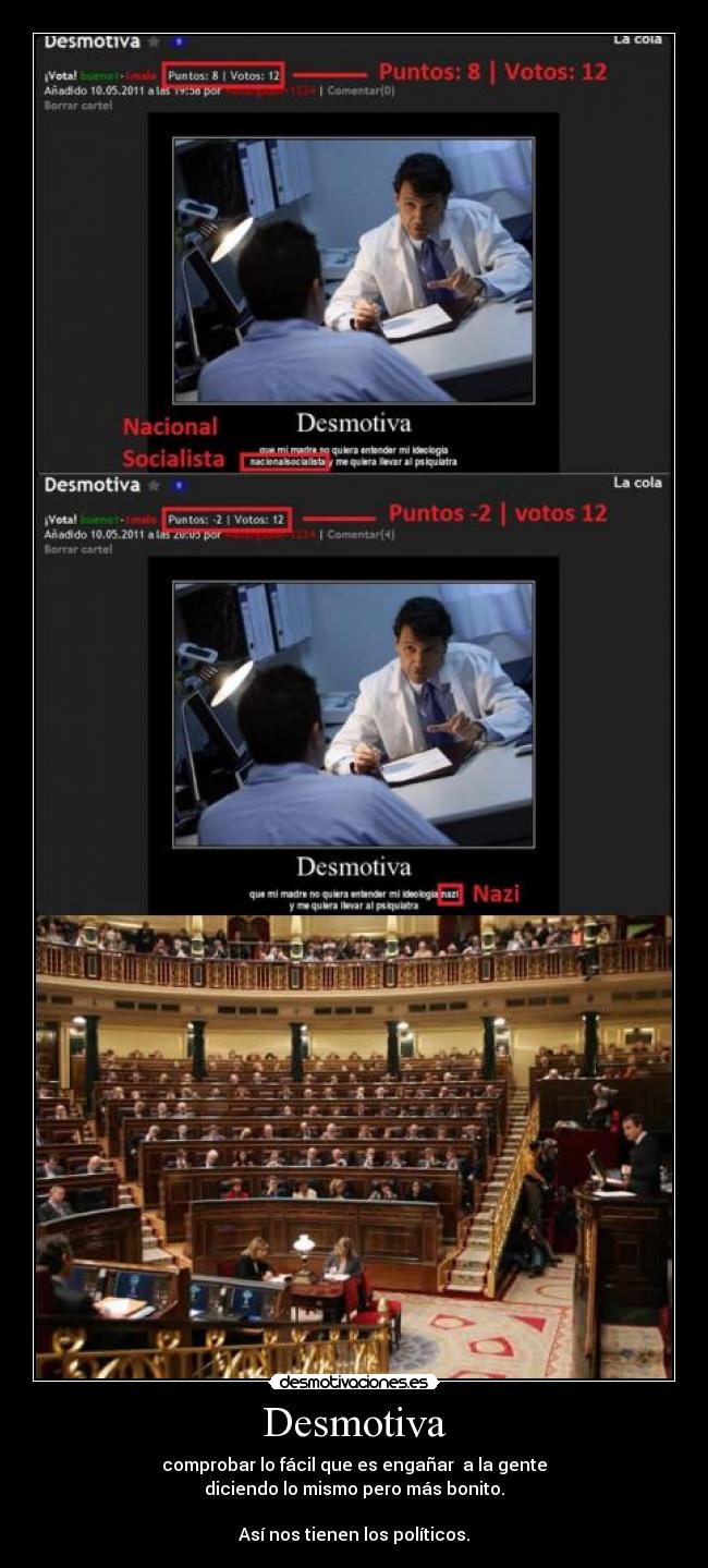 Desmotiva - comprobar lo fácil que es engañar a la gente
diciendo lo mismo pero más bonito.
Así nos tienen los políticos.