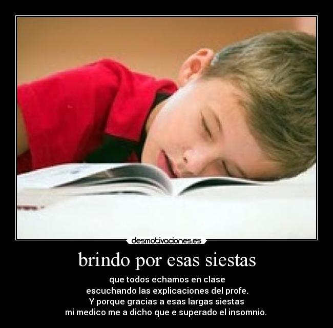 brindo por esas siestas - que todos echamos en clase
escuchando las explicaciones del profe.
Y porque gracias a esas largas siestas
mi medico me a dicho que e superado el insomnio.