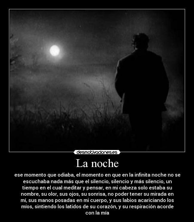 La noche - ese momento que odiaba, el momento en que en la infinita noche no se
escuchaba nada más que el silencio, silencio y más silencio, un
tiempo en el cual meditar y pensar, en mi cabeza solo estaba su
nombre, su olor, sus ojos, su sonrisa, no poder tener su mirada en
mí, sus manos posadas en mi cuerpo, y sus labios acariciando los
míos, sintiendo los latidos de su corazón, y su respiración acorde
con la mía