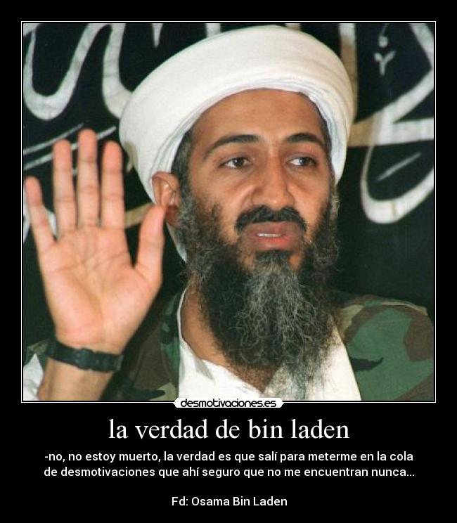 la verdad de bin laden - -no, no estoy muerto, la verdad es que salí para meterme en la cola
de desmotivaciones que ahí seguro que no me encuentran nunca...
Fd: Osama Bin Laden