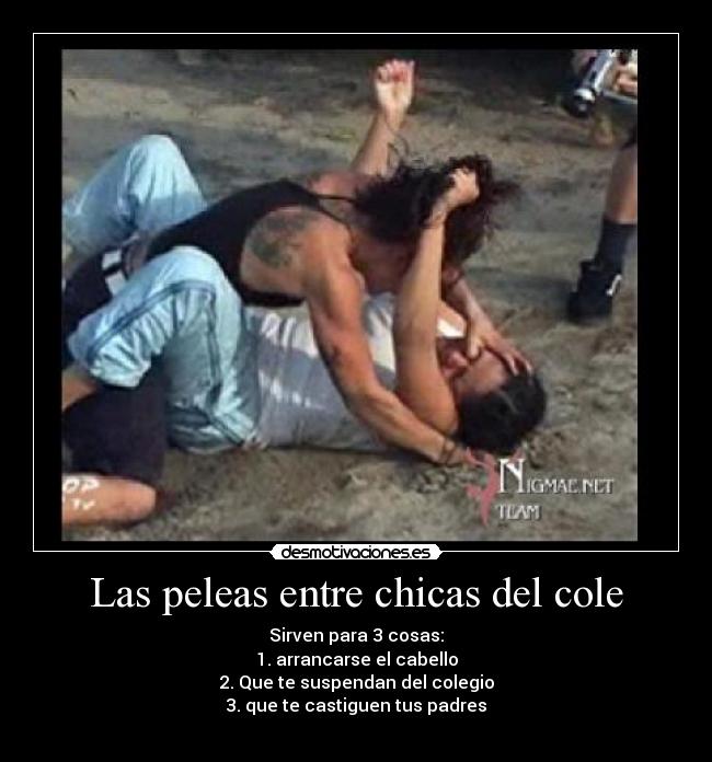 Las peleas entre chicas del cole - Sirven para 3 cosas:
1. arrancarse el cabello
2. Que te suspendan del colegio
3. que te castiguen tus padres
