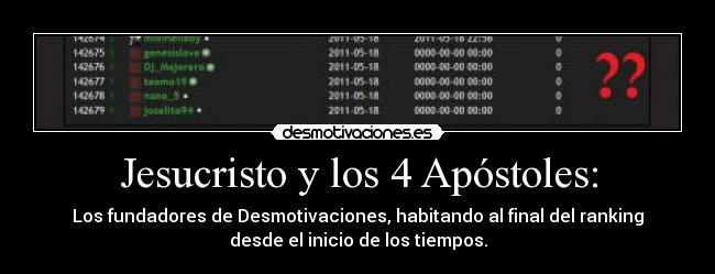 Jesucristo y los 4 Apóstoles: - Los fundadores de Desmotivaciones, habitando al final del ranking
desde el inicio de los tiempos.
