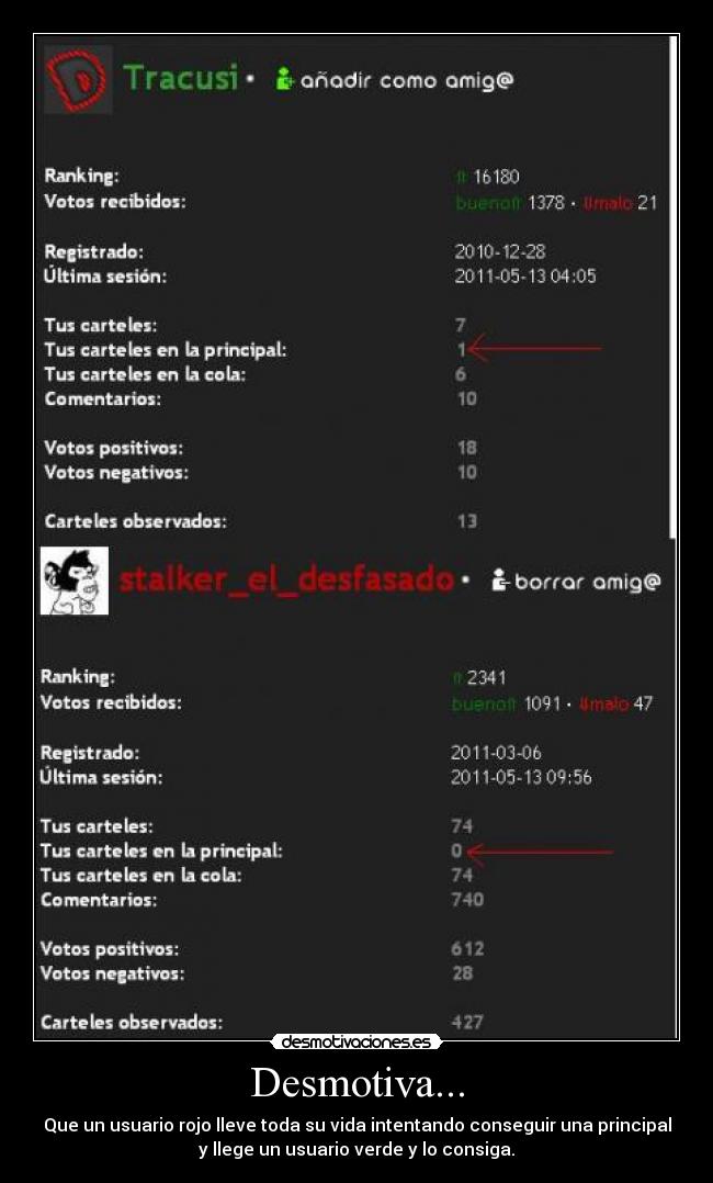 Desmotiva... - Que un usuario rojo lleve toda su vida intentando conseguir una principal
y llege un usuario verde y lo consiga.