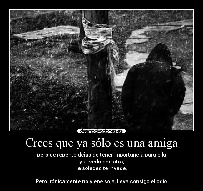 Crees que ya sólo es una amiga - pero de repente dejas de tener importancia para ella
y al verla con otro,
la soledad te invade.
Pero irónicamente no viene sola, lleva consigo el odio.