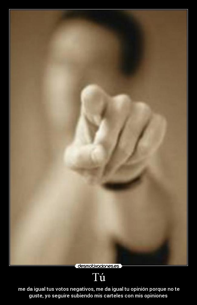 Tú - me da igual tus votos negativos, me da igual tu opinión porque no te
guste, yo seguire subiendo mis carteles con mis opiniones