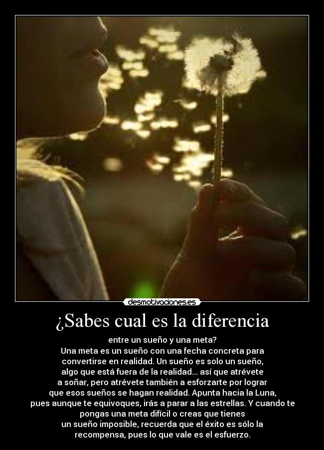 ¿Sabes cual es la diferencia - entre un sueño y una meta?
Una meta es un sueño con una fecha concreta para
convertirse en realidad. Un sueño es solo un sueño,
algo que está fuera de la realidad... así que atrévete
a soñar, pero atrévete también a esforzarte por lograr
que esos sueños se hagan realidad. Apunta hacia la Luna,
pues aunque te equivoques, irás a parar a las estrellas. Y cuando te
pongas una meta difícil o creas que tienes
un sueño imposible, recuerda que el éxito es sólo la
recompensa, pues lo que vale es el esfuerzo.