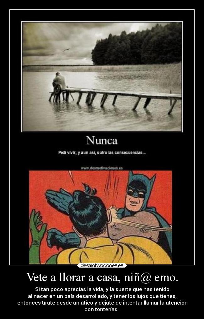 Vete a llorar a casa, niñ@ emo. - Si tan poco aprecias la vida, y la suerte que has tenido
al nacer en un país desarrollado, y tener los lujos que tienes,
entonces tírate desde un ático y déjate de intentar llamar la atención
con tonterías. 