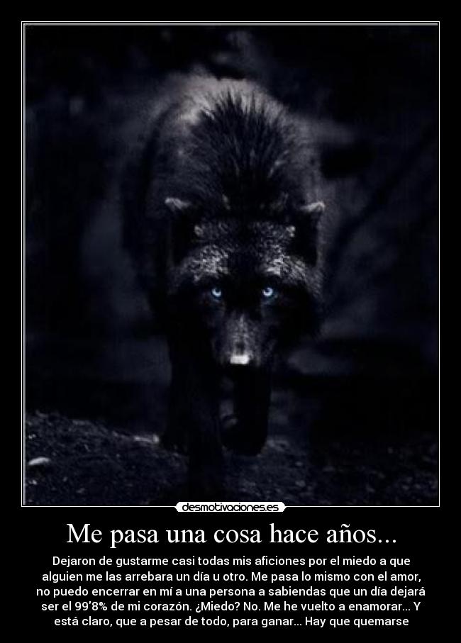 Me pasa una cosa hace años... - Dejaron de gustarme casi todas mis aficiones por el miedo a que
alguien me las arrebara un día u otro. Me pasa lo mismo con el amor,
no puedo encerrar en mí a una persona a sabiendas que un día dejará
ser el 998% de mi corazón. ¿Miedo? No. Me he vuelto a enamorar... Y
está claro, que a pesar de todo, para ganar... Hay que quemarse