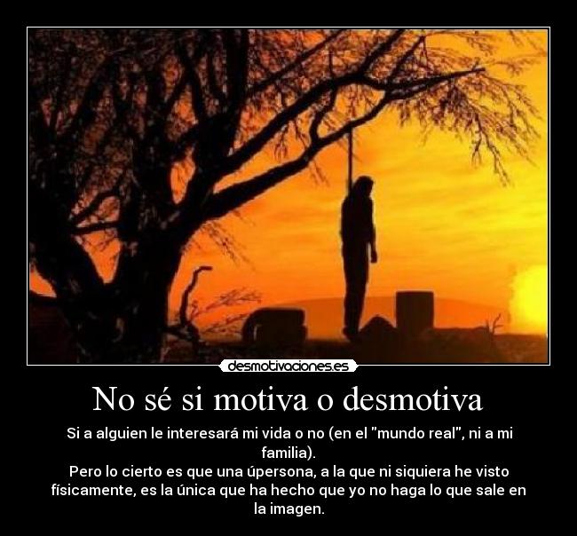 No sé si motiva o desmotiva - Si a alguien le interesará mi vida o no (en el mundo real, ni a mi
familia).
Pero lo cierto es que una úpersona, a la que ni siquiera he visto
físicamente, es la única que ha hecho que yo no haga lo que sale en
la imagen.