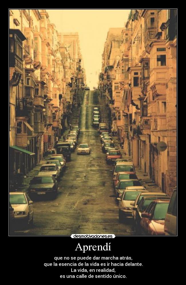 Aprendí - que no se puede dar marcha atrás,
que la esencia de la vida es ir hacia delante.
La vida, en realidad,
es una calle de sentido único.