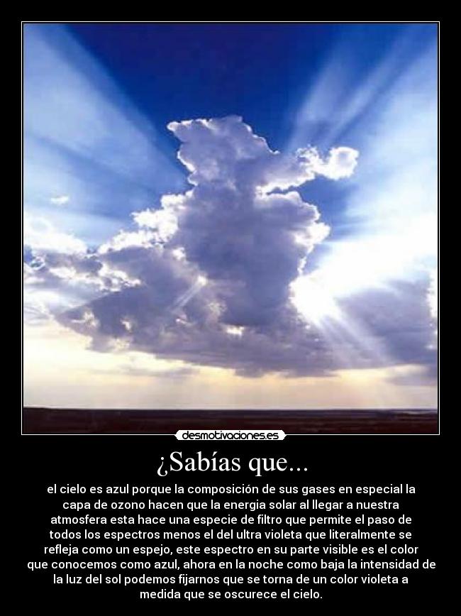¿Sabías que... - el cielo es azul porque la composición de sus gases en especial la
capa de ozono hacen que la energia solar al llegar a nuestra
atmosfera esta hace una especie de filtro que permite el paso de
todos los espectros menos el del ultra violeta que literalmente se
refleja como un espejo, este espectro en su parte visible es el color
que conocemos como azul, ahora en la noche como baja la intensidad de
la luz del sol podemos fijarnos que se torna de un color violeta a
medida que se oscurece el cielo.