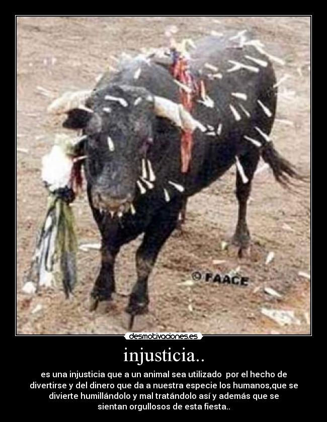 injusticia.. - es una injusticia que a un animal sea utilizado por el hecho de
divertirse y del dinero que da a nuestra especie los humanos,que se
divierte humillándolo y mal tratándolo así y además que se
sientan orgullosos de esta fiesta..