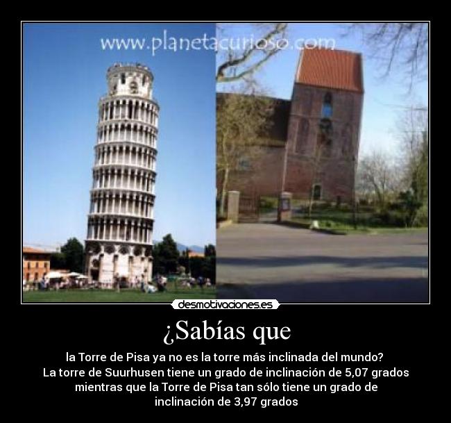 ¿Sabías que - la Torre de Pisa ya no es la torre más inclinada del mundo? 
La torre de Suurhusen tiene un grado de inclinación de 5,07 grados
mientras que la Torre de Pisa tan sólo tiene un grado de
inclinación de 3,97 grados
