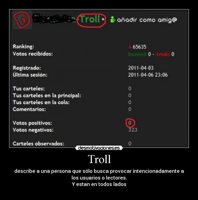 Troll - describe a una persona que sólo busca provocar intencionadamente a
los usuarios o lectores.
Y estan en todos lados
