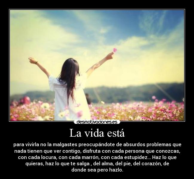 La vida está - para vivirla no la malgastes preocupándote de absurdos problemas que
nada tienen que ver contigo, disfruta con cada persona que conozcas,
con cada locura, con cada marrón, con cada estupidez... Haz lo que
quieras, haz lo que te salga , del alma, del pie, del corazón, de
donde sea pero hazlo.