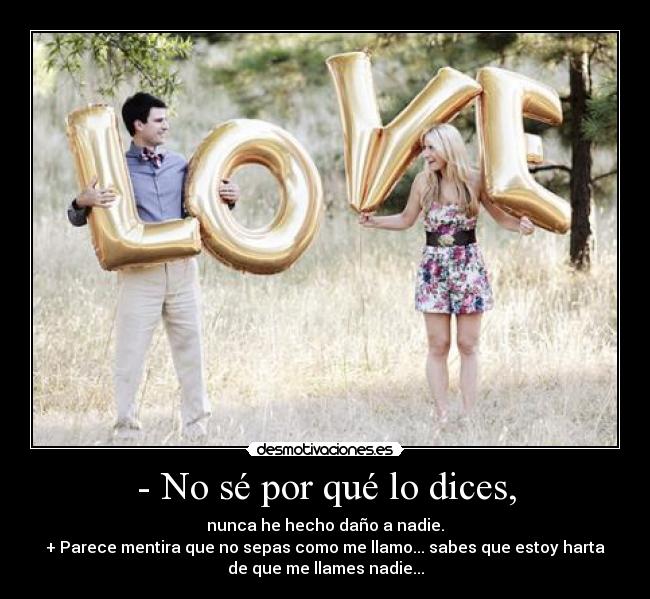 - No sé por qué lo dices, - nunca he hecho daño a nadie.
+ Parece mentira que no sepas como me llamo... sabes que estoy harta
de que me llames nadie...