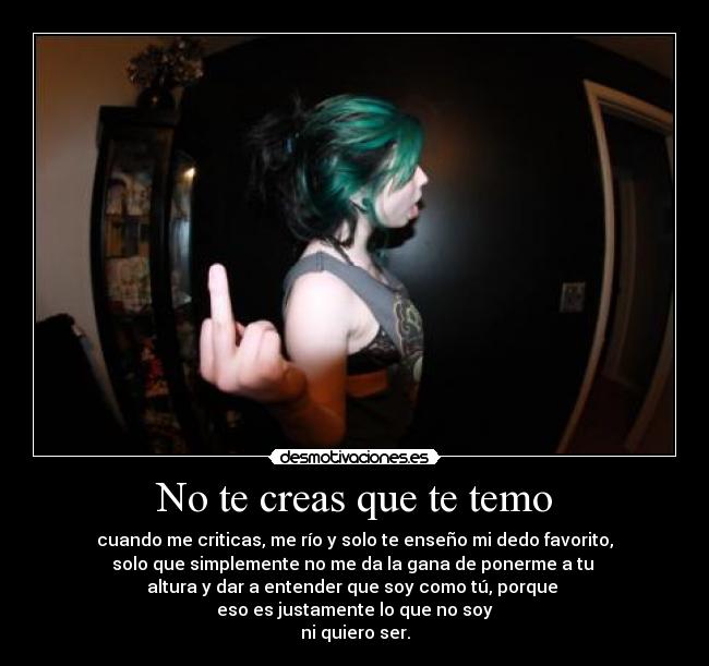 No te creas que te temo - cuando me criticas, me río y solo te enseño mi dedo favorito,
solo que simplemente no me da la gana de ponerme a tu
altura y dar a entender que soy como tú, porque
eso es justamente lo que no soy
ni quiero ser.